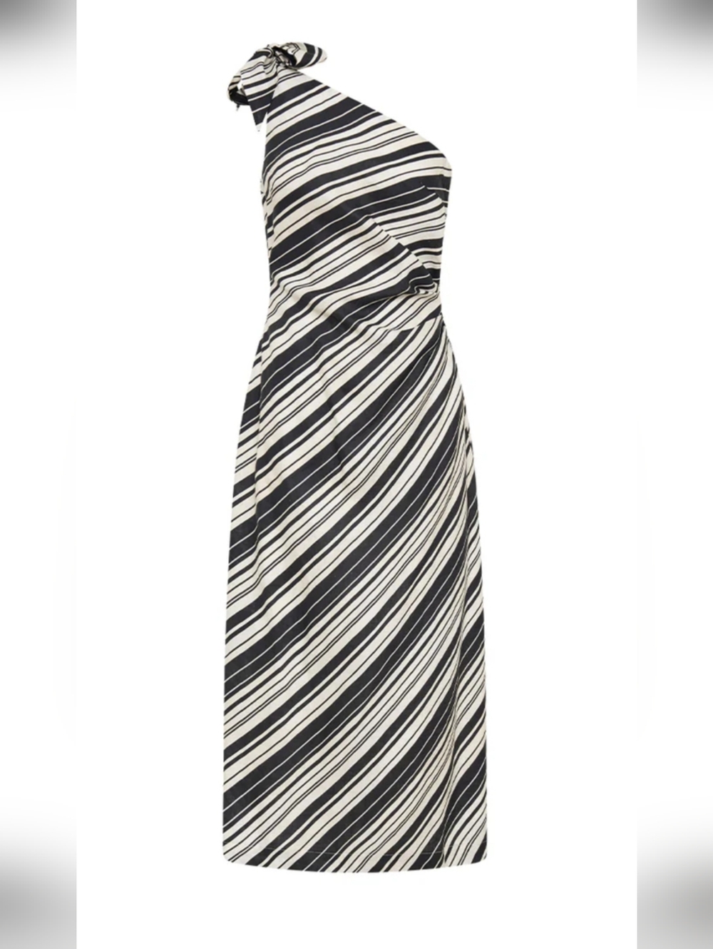 🆕 Tahari Black + White Striped Linen One-Shoulder Sara Midi Dress Like Kivari